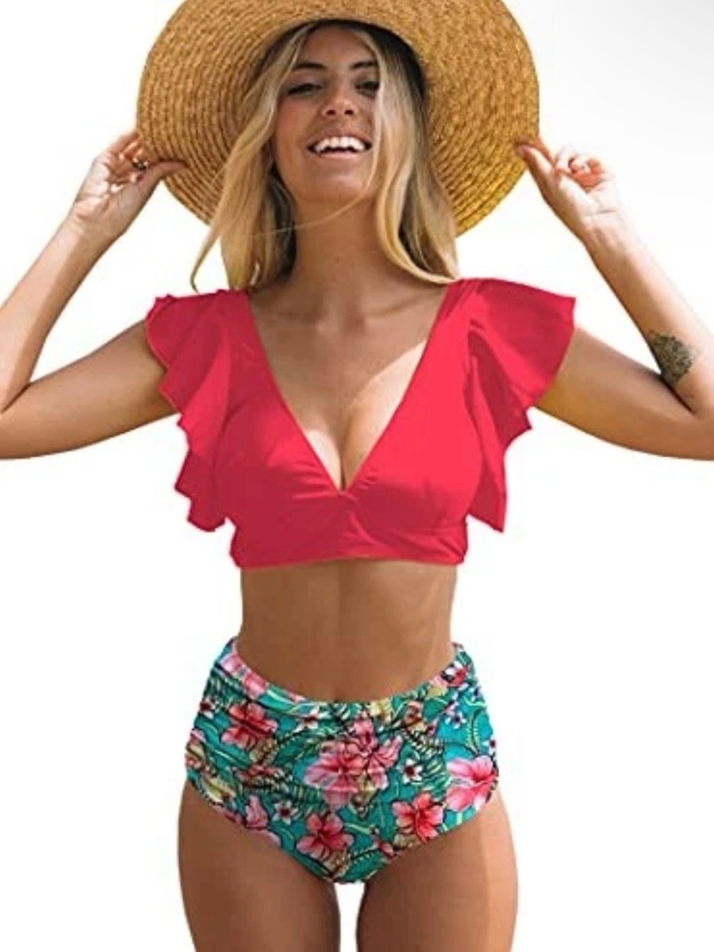 Ruffle-Sleeve V-Neck pink Bikini Top - Women Swim